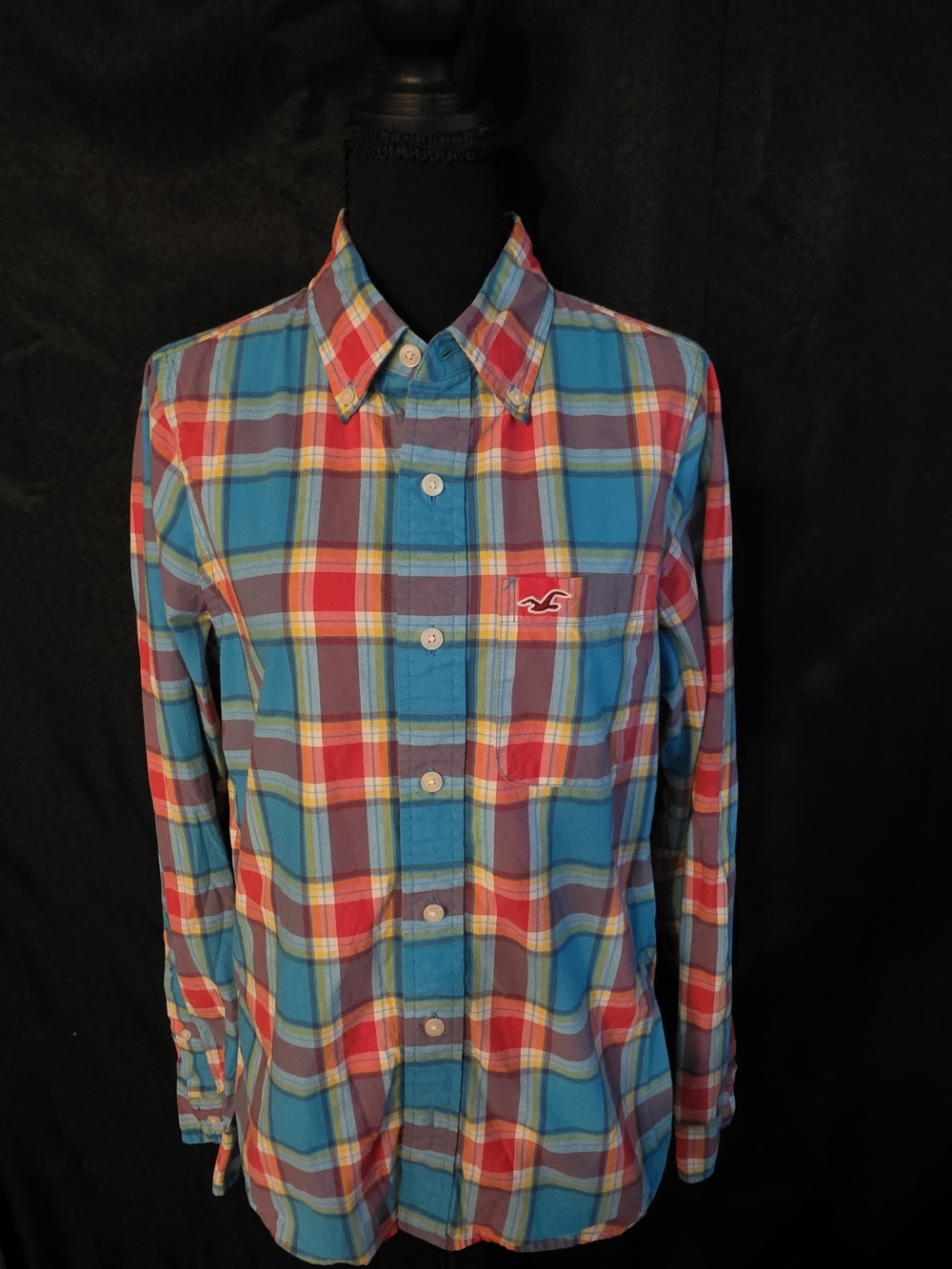 Hollister Men's Bright Turquoise and Red Plaid Button-Down Shirt
